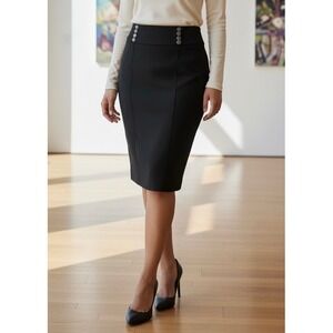 White House Black Market Skirt Womens 2 Black Pencil Back Slit Button Detail Zip